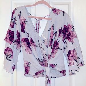 Light Grey Pink Floral Wrap Top